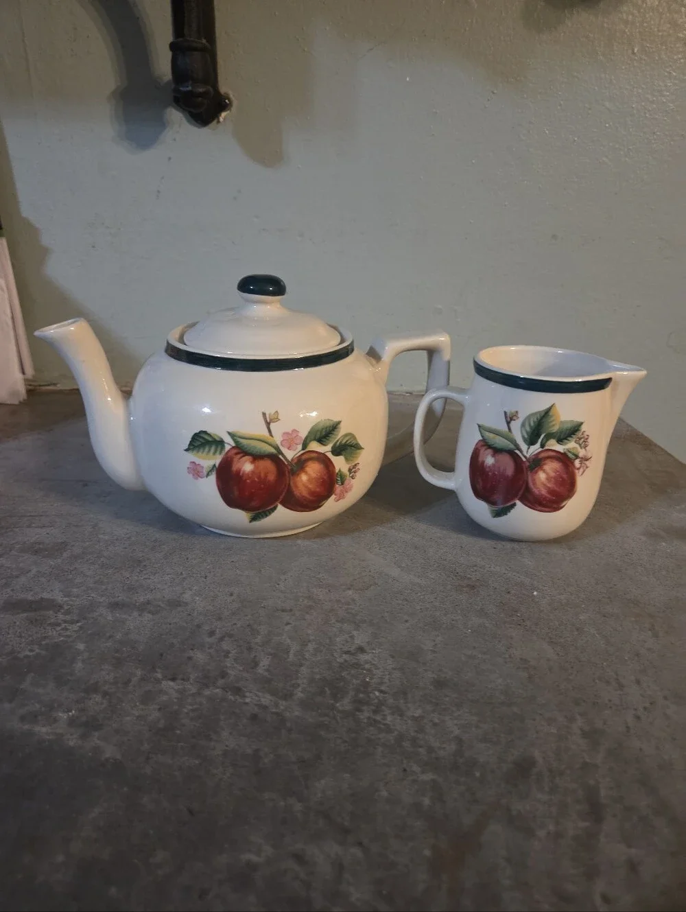China Pearl Vintage Cream Ceramic Teapot and Creamer Set with Red Apple Motif